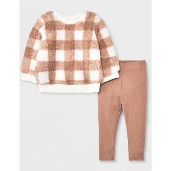 Grayson Collective Baby Buffalo Plaid Sherpa Top & Leggings Set in Brown NWT - Picture 1 of 2